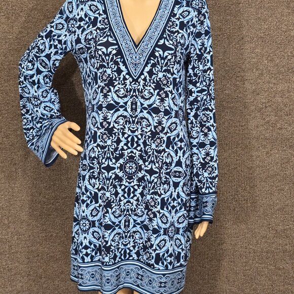 White House Black Market Blue Baroque Abstract Print Embroidered Boho Dress Sz S - Picture 1 of 9